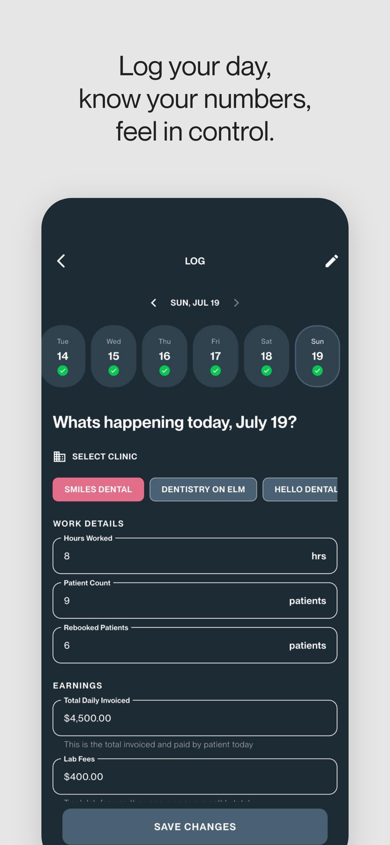 Logging a day's appointments in The Dental Code app